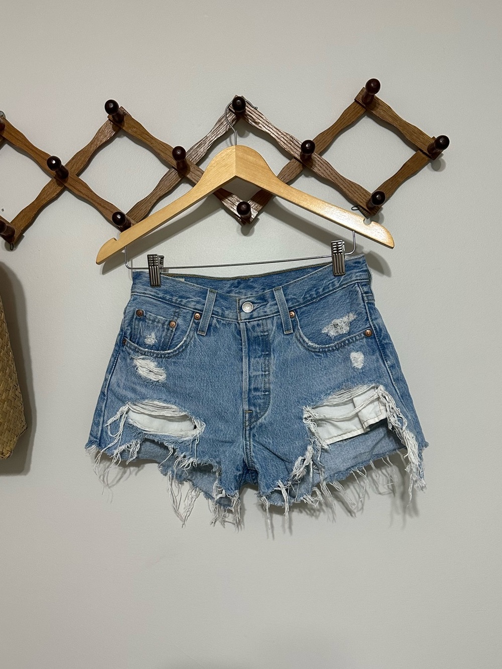 Levi's 501 Light Blue Distressed High-Rise Denim Shorts